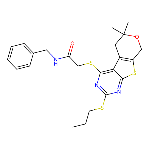 N-Benzyl-2-(6,6-dimethyl-2-propylsulfanyl-5,8-dihydro-6H-pyrano[4',3':4,5]thieno[2,3-d]pyrimidin-4-ylsulf anyl)-acetamide structure
