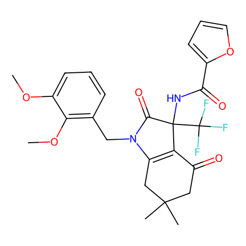 N-(1-(2,3-dimethoxybenzyl)-6,6-dimethyl-2,4-dioxo-3-(trifluoromethyl)-2,3,4,5,6,7-hexahydro-1H-indol-3-yl)furan-2-carboxamide structure