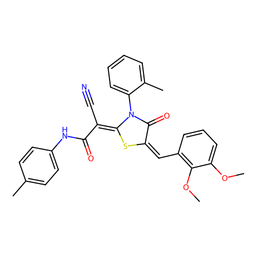 (2Z)-2-cyano-2-[(5E)-5-(2,3-dimethoxybenzylidene)-3-(2-methylphenyl)-4-oxo-1,3-thiazolidin-2-ylidene]-N-(4-methylphenyl)ethanamide structure
