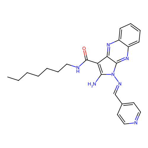 (E)-2-amino-N-heptyl-1-((pyridin-4-ylmethylene)amino)-1H-pyrrolo[2,3-b]quinoxaline-3-carboxamide structure