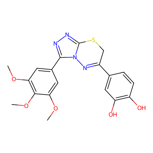 4-[3-(3,4,5-trimethoxyphenyl)-7H-[1,2,4]triazolo[3,4-b][1,3,4]thiadiazin-6-yl]benzene-1,2-diol structure