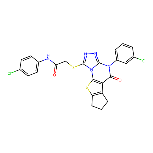 N-(4-chlorophenyl)-2-{[4-(3-chlorophenyl)-5-oxo-4,5,7,8-tetrahydro-6H-cyclopenta[4,5]thieno[3,2-e][1,2,4]triazolo[4,3-a]pyrimidin-1-yl]sulfanyl}acetamide structure