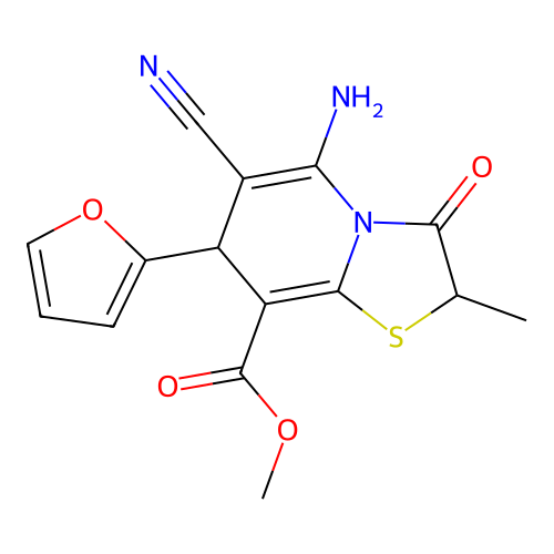 methyl 5-amino-6-cyano-7-(furan-2-yl)-2-methyl-3-oxo-2,3-dihydro-7H-[1,3]thiazolo[3,2-a]pyridine-8-carboxylate structure