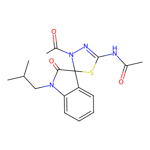 N-[3-acetyl-6-(2-methylpropyl)-7-oxospiro[1,3,4-thiadiazoline-2,3'-indoline]-5-yl]acetamide structure