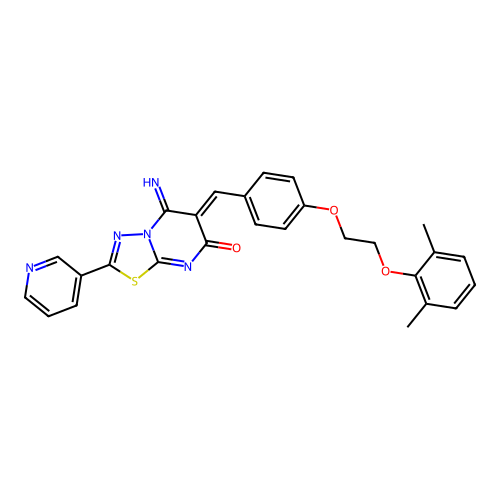 (6Z)-6-[[4-[2-(2,6-dimethylphenoxy)ethoxy]phenyl]methylidene]-5-imino-2-pyridin-3-yl-[1,3,4]thiadiazolo[3,2-a]pyrimidin-7-one structure