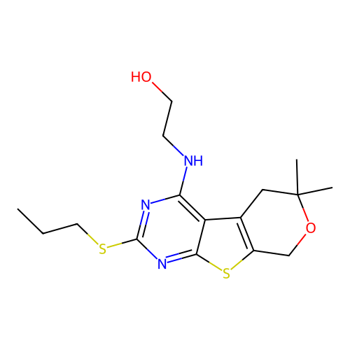 2-((6,6-dimethyl-2-(propylthio)-6,8-dihydro-5H-pyrano[4',3':4,5]thieno[2,3-d]pyrimidin-4-yl)amino)ethanol structure
