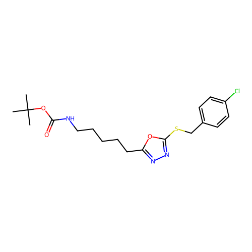 tert-butyl (5-(5-((4-chlorobenzyl)thio)-1,3,4-oxadiazol-2-yl)pentyl)carbamate structure
