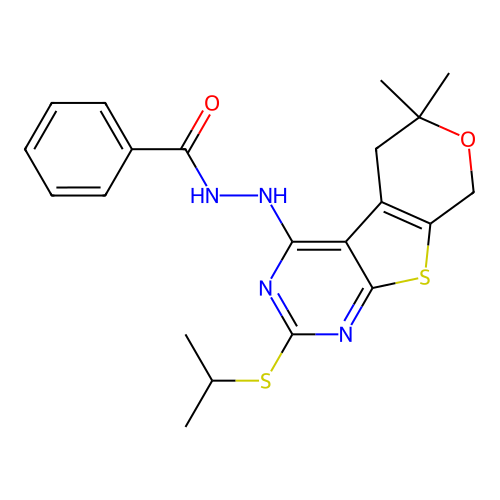 N'-(2-(isopropylthio)-6,6-dimethyl-6,8-dihydro-5H-pyrano[4',3':4,5]thieno[2,3-d]pyrimidin-4-yl)benzohydrazide structure