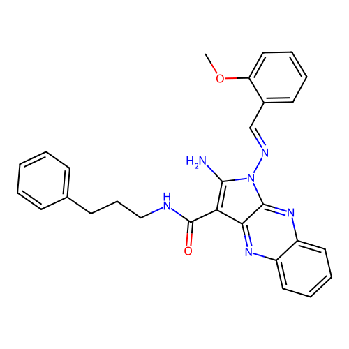 (E)-2-amino-1-((2-methoxybenzylidene)amino)-N-(3-phenylpropyl)-1H-pyrrolo[2,3-b]quinoxaline-3-carboxamide structure