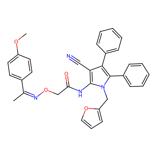 (Z)-N-(3-cyano-1-(furan-2-ylmethyl)-4,5-diphenyl-1H-pyrrol-2-yl)-2-(((1-(4-methoxyphenyl)ethylidene)amino)oxy)acetamide structure