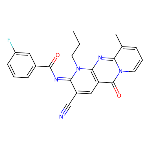 (E)-N-(3-cyano-10-methyl-5-oxo-1-propyl-1H-dipyrido[1,2-a:2',3'-d]pyrimidin-2(5H)-ylidene)-3-fluorobenzamide structure