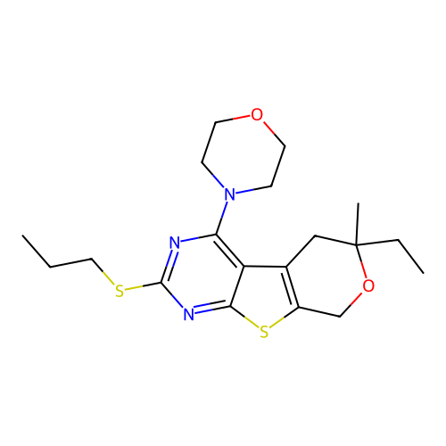 6-ethyl-6-methyl-4-(morpholin-4-yl)-2-(propylsulfanyl)-5,8-dihydro-6H-pyrano[4',3':4,5]thieno[2,3-d]pyrimidine structure