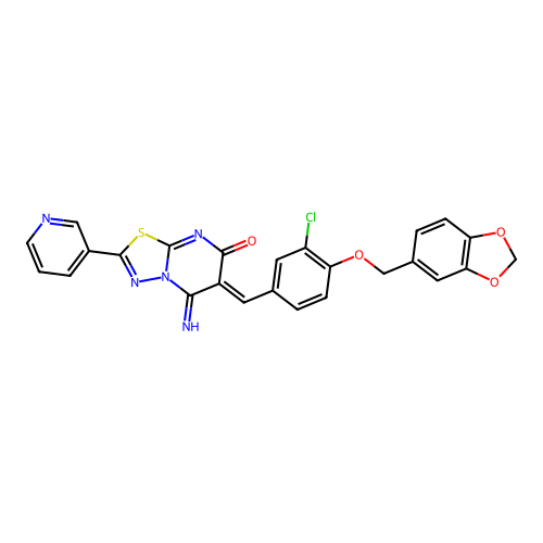 (6Z)-6-[[4-(1,3-benzodioxol-5-ylmethoxy)-3-chlorophenyl]methylidene]-5-imino-2-pyridin-3-yl-[1,3,4]thiadiazolo[3,2-a]pyrimidin-7-one structure