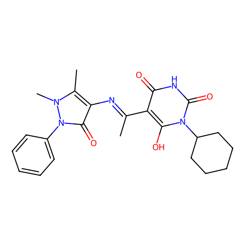 (E)-1-cyclohexyl-5-(1-((1,5-dimethyl-3-oxo-2-phenyl-2,3-dihydro-1H-pyrazol-4-yl)amino)ethylidene)pyrimidine-2,4,6(1H,3H,5H)-trione structure