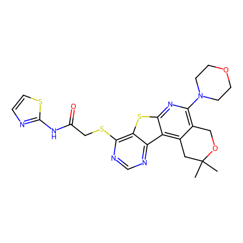 2-((2,2-dimethyl-5-morpholino-2,4-dihydro-1H-pyrano[4'',3'':4',5']pyrido[3',2':4,5]thieno[3,2-d]pyrimidin-8-yl)thio)-N-(thiazol-2-yl)acetamide structure