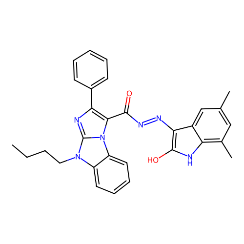 (E)-9-butyl-N'-(5,7-dimethyl-2-oxoindolin-3-ylidene)-2-phenyl-9H-benzo[d]imidazo[1,2-a]imidazole-3-carbohydrazide structure