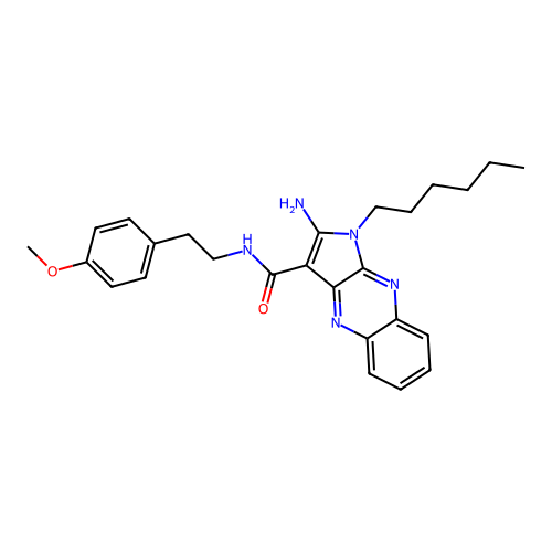 2-amino-1-hexyl-N-(4-methoxyphenethyl)-1H-pyrrolo[2,3-b]quinoxaline-3-carboxamide structure