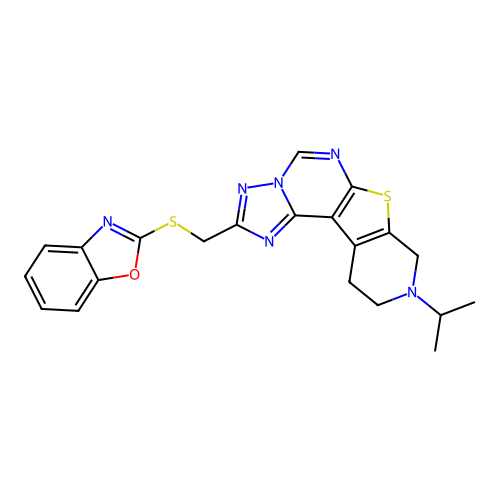 2-[(1,3-benzoxazol-2-ylsulfanyl)methyl]-9-(propan-2-yl)-8,9,10,11-tetrahydropyrido[4',3':4,5]thieno[3,2-e][1,2,4]triazolo[1,5-c]pyrimidine structure