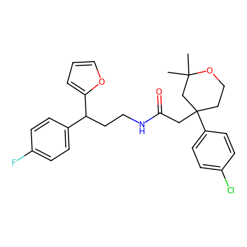 2-(4-(4-chlorophenyl)-2,2-dimethyltetrahydro-2H-pyran-4-yl)-N-(3-(4-fluorophenyl)-3-(furan-2-yl)propyl)acetamide structure