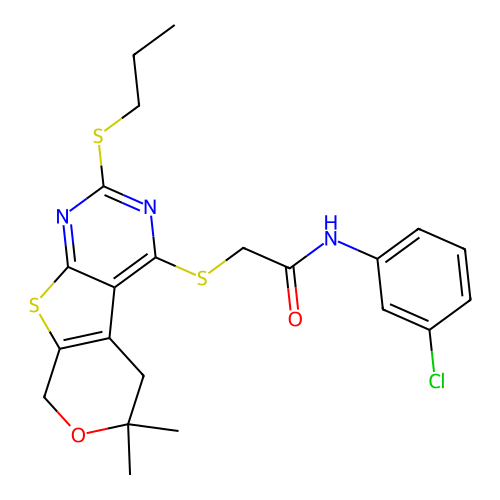 N-(3-chlorophenyl)-2-((6,6-dimethyl-2-(propylthio)-6,8-dihydro-5H-pyrano[4',3':4,5]thieno[2,3-d]pyrimidin-4-yl)thio)acetamide structure