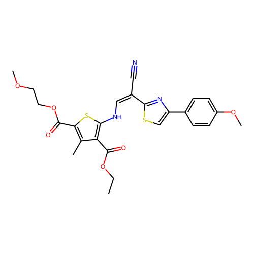 (Z)-4-ethyl 2-(2-methoxyethyl) 5-((2-cyano-2-(4-(4-methoxyphenyl)thiazol-2-yl)vinyl)amino)-3-methylthiophene-2,4-dicarboxylate structure