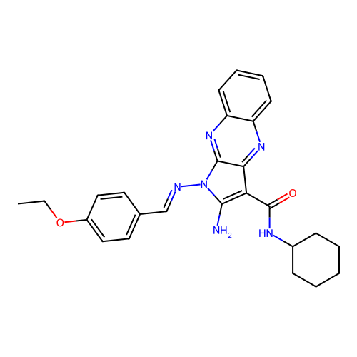 (E)-2-amino-N-cyclohexyl-1-((4-ethoxybenzylidene)amino)-1H-pyrrolo[2,3-b]quinoxaline-3-carboxamide structure