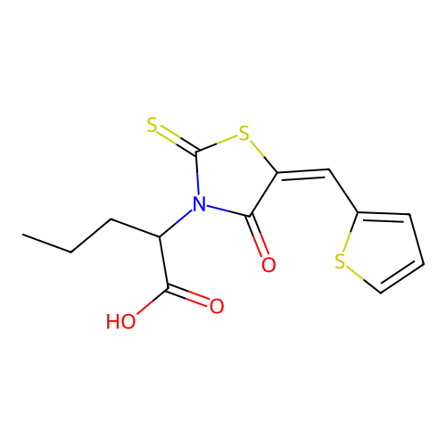 (E)-2-(4-oxo-5-(thiophen-2-ylmethylene)-2-thioxothiazolidin-3-yl)pentanoic acid structure