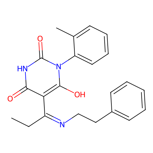 1-(2-methylphenyl)-5-[1-(phenethylamino)propylidene]-1,3-diazinane-2,4,6-trione structure