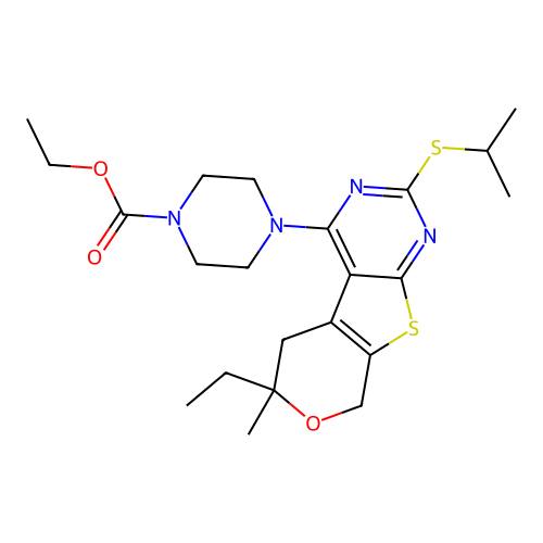 ethyl 4-(6-ethyl-2-(isopropylthio)-6-methyl-6,8-dihydro-5H-pyrano[4',3':4,5]thieno[2,3-d]pyrimidin-4-yl)piperazine-1-carboxylate structure