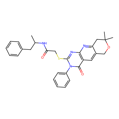 2-((8,8-dimethyl-4-oxo-3-phenyl-4,6,8,9-tetrahydro-3H-pyrano[3',4':5,6]pyrido[2,3-d]pyrimidin-2-yl)thio)-N-(1-phenylpropan-2-yl)acetamide structure