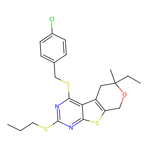 4-((4-chlorobenzyl)thio)-6-ethyl-6-methyl-2-(propylthio)-6,8-dihydro-5H-pyrano[4',3':4,5]thieno[2,3-d]pyrimidine structure