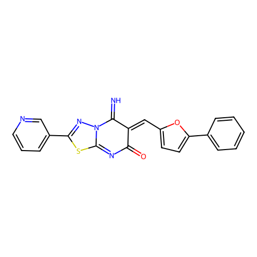 (6Z)-5-imino-6-[(5-phenylfuran-2-yl)methylidene]-2-(pyridin-3-yl)-5,6-dihydro-7H-[1,3,4]thiadiazolo[3,2-a]pyrimidin-7-one structure