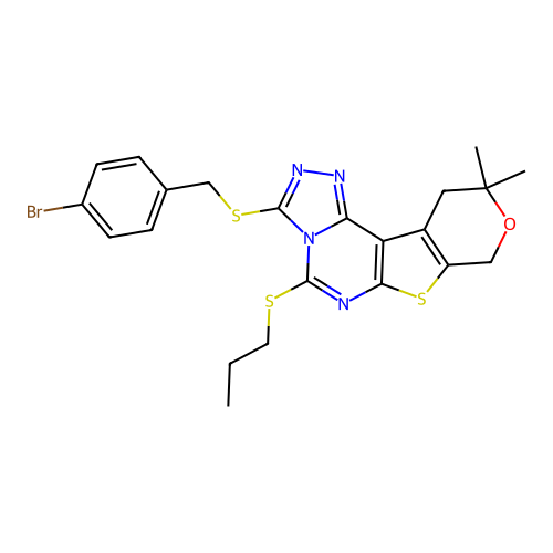 3-((4-bromobenzyl)thio)-10,10-dimethyl-5-(propylthio)-10,11-dihydro-8H-pyrano[4',3':4,5]thieno[3,2-e][1,2,4]triazolo[4,3-c]pyrimidine structure