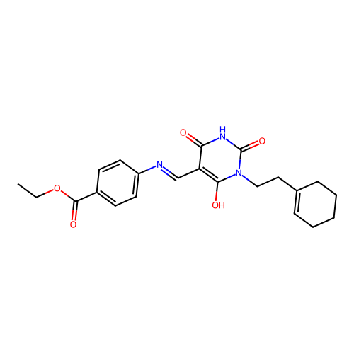 (Z)-ethyl 4-(((1-(2-(cyclohex-1-en-1-yl)ethyl)-2,4,6-trioxotetrahydropyrimidin-5(2H)-ylidene)methyl)amino)benzoate structure