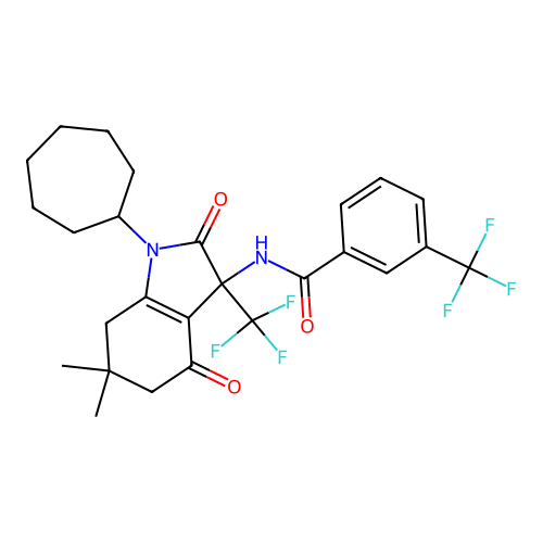 N-(1-cycloheptyl-6,6-dimethyl-2,4-dioxo-3-(trifluoromethyl)-2,3,4,5,6,7-hexahydro-1H-indol-3-yl)-3-(trifluoromethyl)benzamide structure