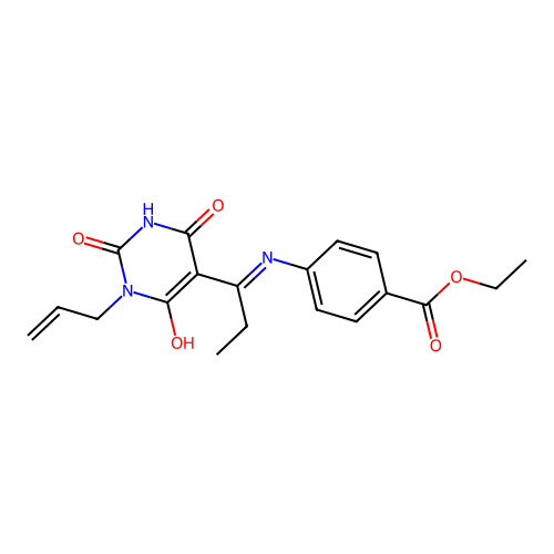 (E)-ethyl 4-((1-(1-allyl-2,4,6-trioxotetrahydropyrimidin-5(2H)-ylidene)propyl)amino)benzoate structure