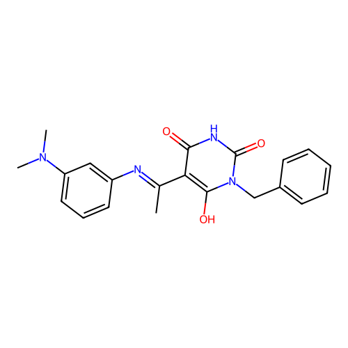 (E)-1-benzyl-5-(1-((3-(dimethylamino)phenyl)amino)ethylidene)pyrimidine-2,4,6(1H,3H,5H)-trione structure