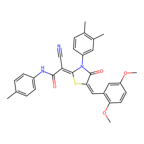 (2Z)-2-cyano-2-[(5E)-5-(2,5-dimethoxybenzylidene)-3-(3,4-dimethylphenyl)-4-oxo-1,3-thiazolidin-2-ylidene]-N-(4-methylphenyl)ethanamide structure