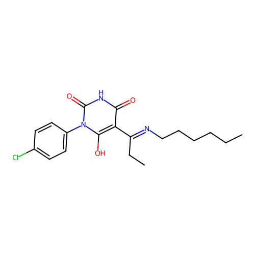 (E)-1-(4-chlorophenyl)-5-(1-(hexylamino)propylidene)pyrimidine-2,4,6(1H,3H,5H)-trione structure