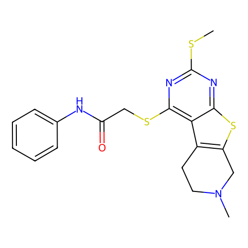 2-((7-methyl-2-(methylthio)-5,6,7,8-tetrahydropyrido[4',3':4,5]thieno[2,3-d]pyrimidin-4-yl)thio)-N-phenylacetamide structure