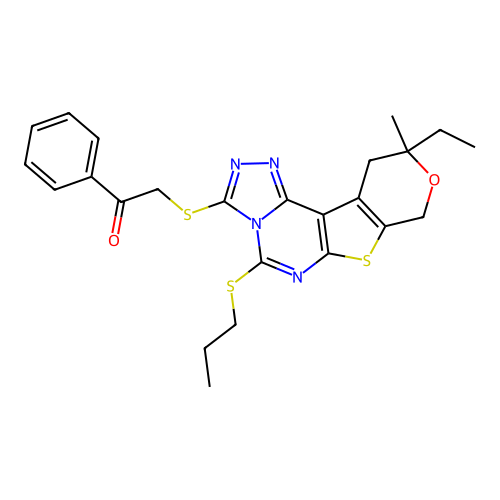 2-((10-ethyl-10-methyl-5-(propylthio)-10,11-dihydro-8H-pyrano[4',3':4,5]thieno[3,2-e][1,2,4]triazolo[4,3-c]pyrimidin-3-yl)thio)-1-phenylethanone structure