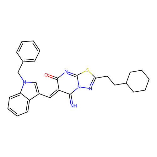 (Z)-6-((1-benzyl-1H-indol-3-yl)methylene)-2-(2-cyclohexylethyl)-5-imino-5H-[1,3,4]thiadiazolo[3,2-a]pyrimidin-7(6H)-one structure