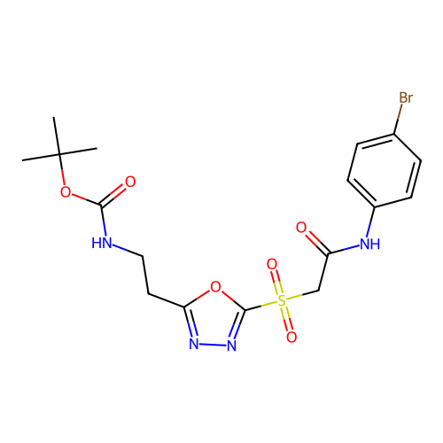 tert-butyl (2-(5-((2-((4-bromophenyl)amino)-2-oxoethyl)sulfonyl)-1,3,4-oxadiazol-2-yl)ethyl)carbamate structure