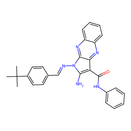 (E)-2-amino-1-((4-(tert-butyl)benzylidene)amino)-N-phenyl-1H-pyrrolo[2,3-b]quinoxaline-3-carboxamide structure