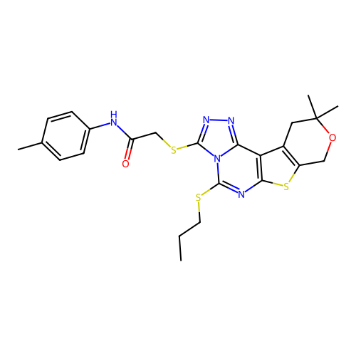 2-((10,10-dimethyl-5-(propylthio)-10,11-dihydro-8H-pyrano[4',3':4,5]thieno[3,2-e][1,2,4]triazolo[4,3-c]pyrimidin-3-yl)thio)-N-(p-tolyl)acetamide structure