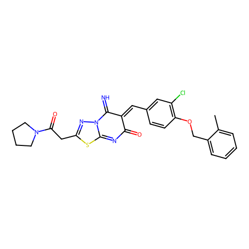 (6Z)-6-[[3-chloro-4-[(2-methylphenyl)methoxy]phenyl]methylidene]-5-imino-2-(2-oxo-2-pyrrolidin-1-ylethyl)-[1,3,4]thiadiazolo[3,2-a]pyrimidin-7-one structure