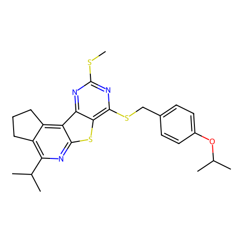 7-((4-isopropoxybenzyl)thio)-4-isopropyl-9-(methylthio)-2,3-dihydro-1H-cyclopenta[4',5']pyrido[3',2':4,5]thieno[3,2-d]pyrimidine structure