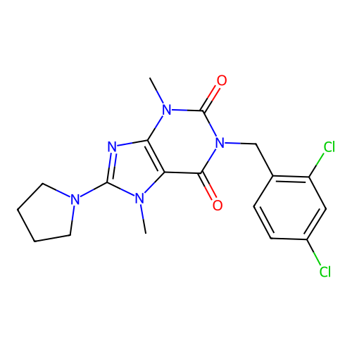 1-(2,4-dichlorobenzyl)-3,7-dimethyl-8-(pyrrolidin-1-yl)-3,7-dihydro-1H-purine-2,6-dione structure