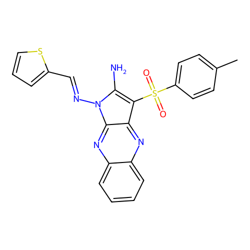 (E)-N1-(thiophen-2-ylmethylene)-3-tosyl-1H-pyrrolo[2,3-b]quinoxaline-1,2-diamine structure