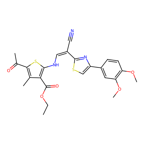 (Z)-ethyl 5-acetyl-2-((2-cyano-2-(4-(3,4-dimethoxyphenyl)thiazol-2-yl)vinyl)amino)-4-methylthiophene-3-carboxylate structure